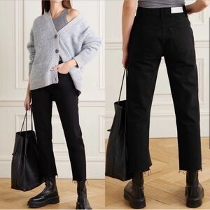 REDONE 70s High Rise Stove Pipe Straight Leg Jeans Black Raw Hem